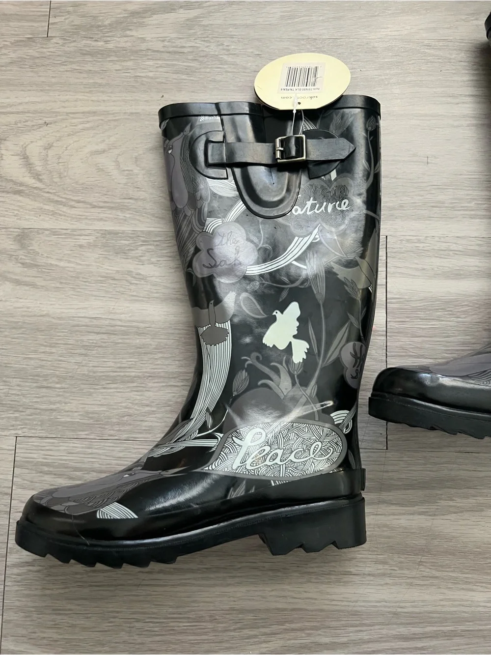 Sakroots Black Floral Rain Boots Size 6 Waterproof Rubber Buckle Mid-Calf